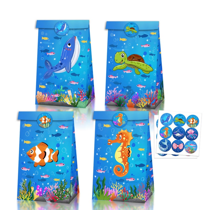 COSFAN 12 Pack Sea Animals Party BagsBlue Ocean Theme Goodie Candy BagsMarine Creature Fish Shark Turtle Seahorse Goodie Bags for for Kids Birthday Baby Shower Style 1